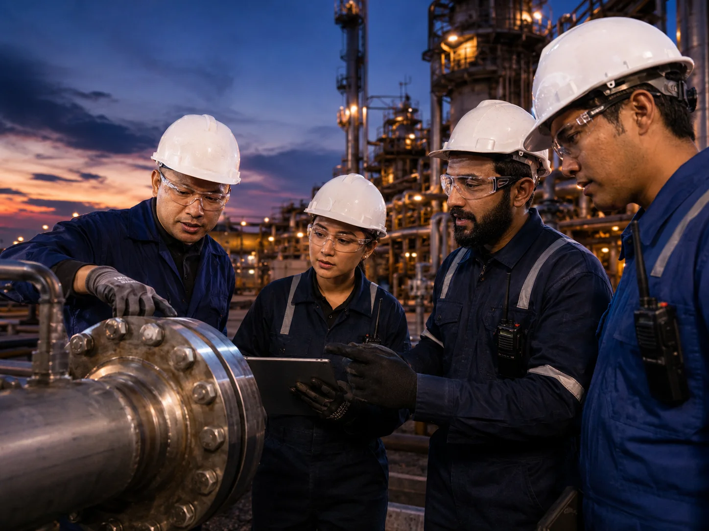 PSN engineers and technicians inspecting industrial piping at an oil and gas facility