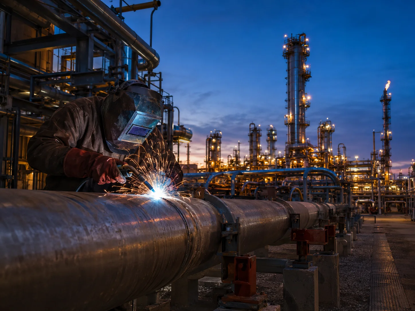 Welder carrying out brownfield pipeline work at an operating plant