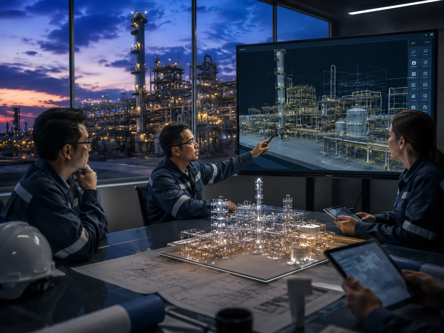 Engineering team reviewing a digital plant model and project drawings